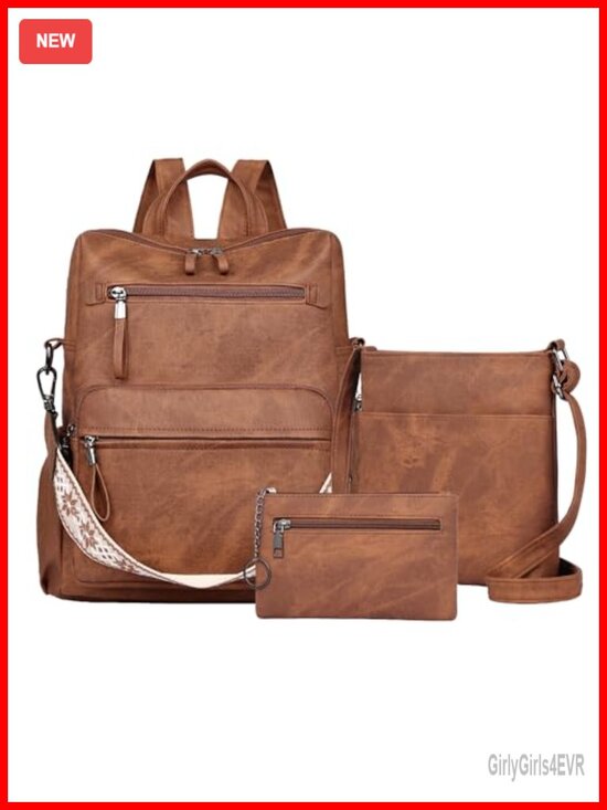 Faux Leather Convertible Backpack Purse Set for Women Travel Work main image 6
